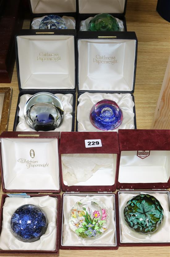 Seven paperweights including Caithness and Whitefriars